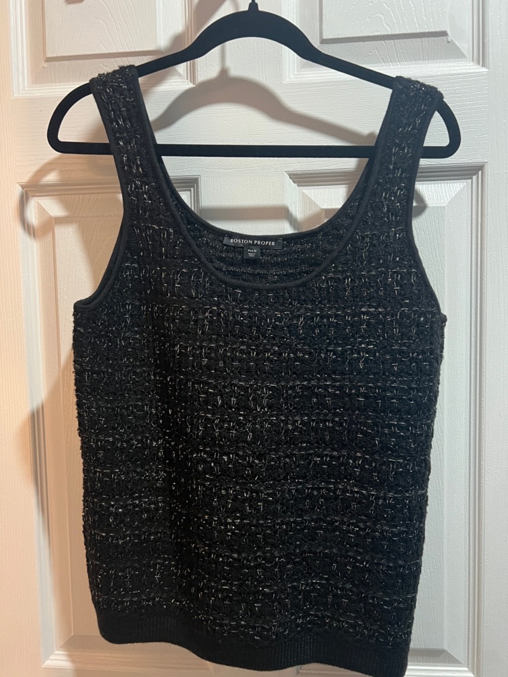 Boston Proper Black Textured Metallic-Thread Tank